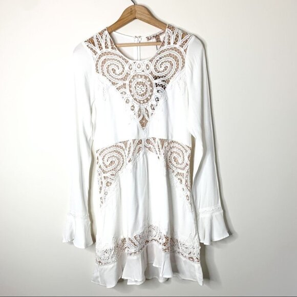 For Love and Lemons Valentina Mini Dress Lace Flare Sleeve Lace Crochet White - Picture 5 of 16